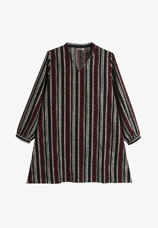 Evelene Ethnic Stripes Long Tunic Blouse - Black Red