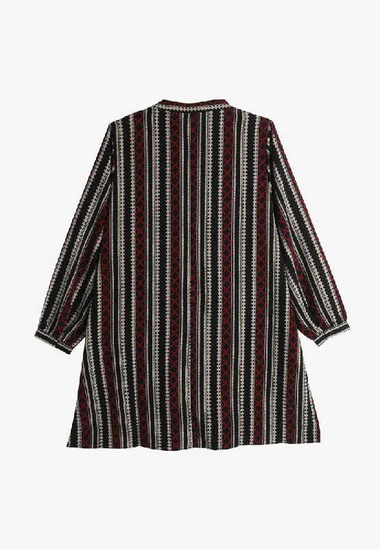 Evelene Ethnic Stripes Long Tunic Blouse - Black Red