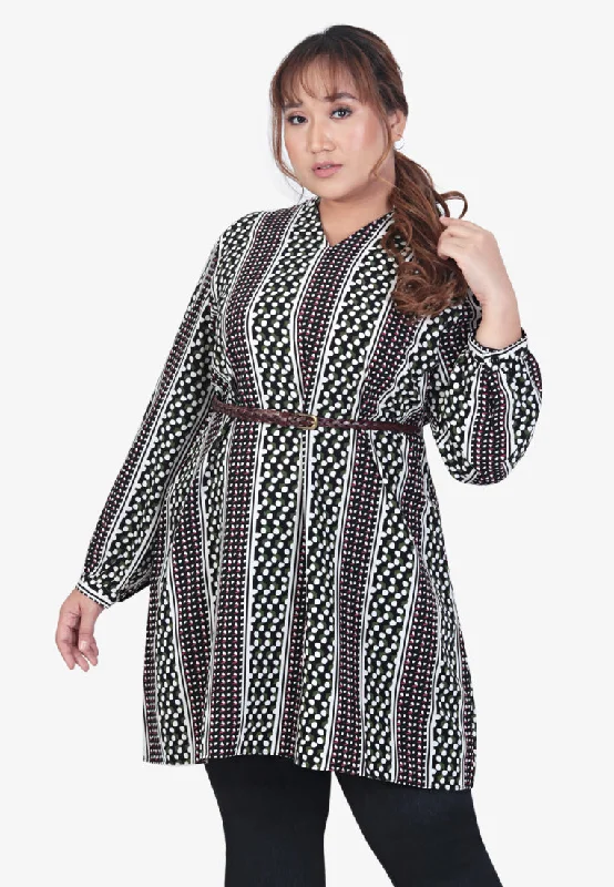 Evelene Ethnic Stripes Long Tunic Blouse - Black Green