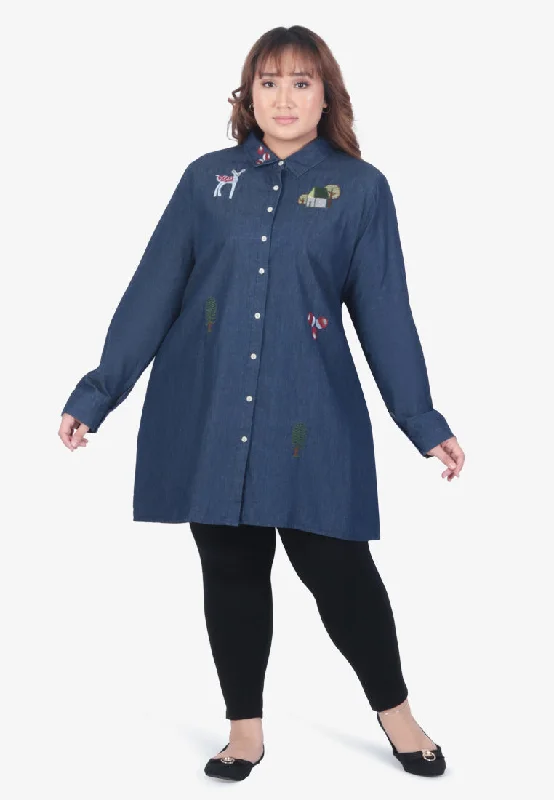 Eloise Quirky Embroidery Denim Shirt - Dark Blue