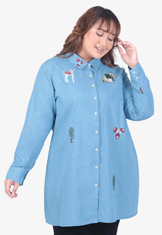 Eloise Quirky Embroidery Denim Shirt - Light Blue