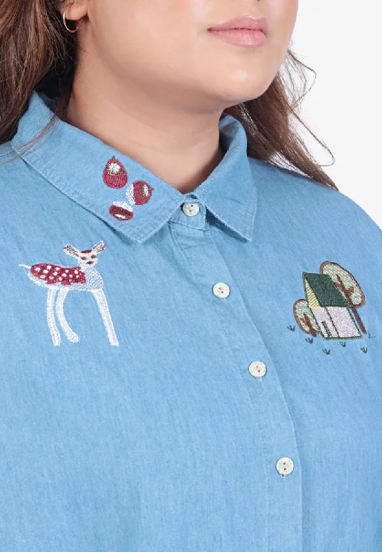 Eloise Quirky Embroidery Denim Shirt - Light Blue