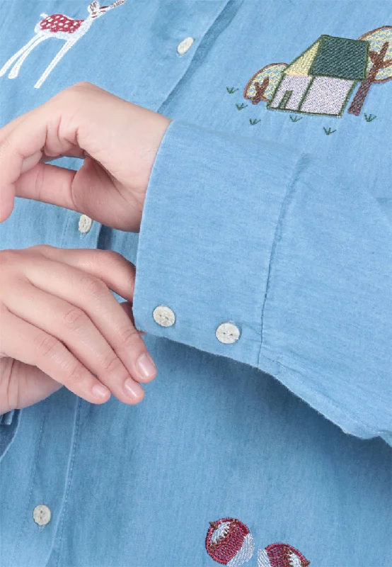 Eloise Quirky Embroidery Denim Shirt - Light Blue