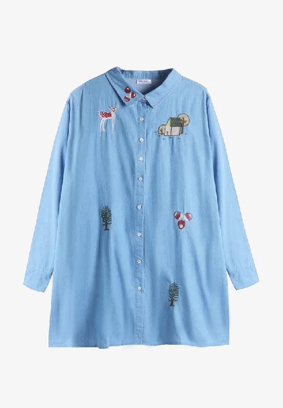 Eloise Quirky Embroidery Denim Shirt - Light Blue