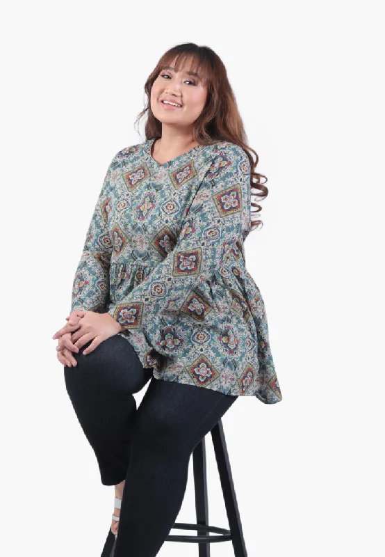 Pippi Printed Peplum Blouse - Green Grey Motif