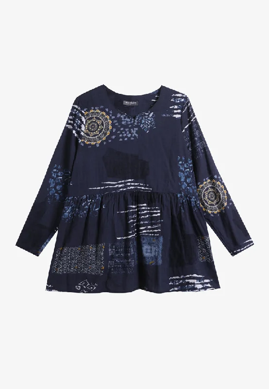 Pippi Printed Peplum Blouse - Dark Blue Mandala