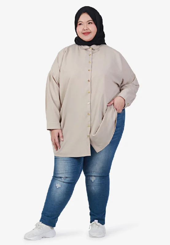 Stephanie Statement Long Oversized Outerwear Shirt- Beige