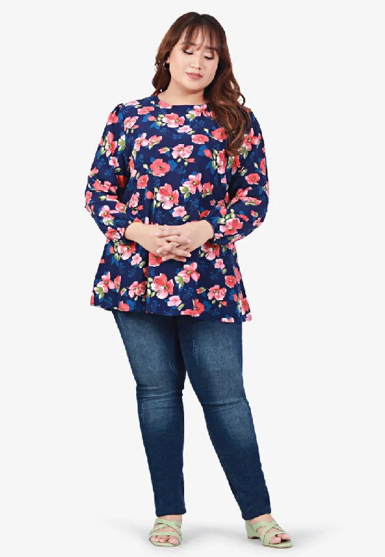 Priscilla Printed Puff Sleeve Blouse - Blue