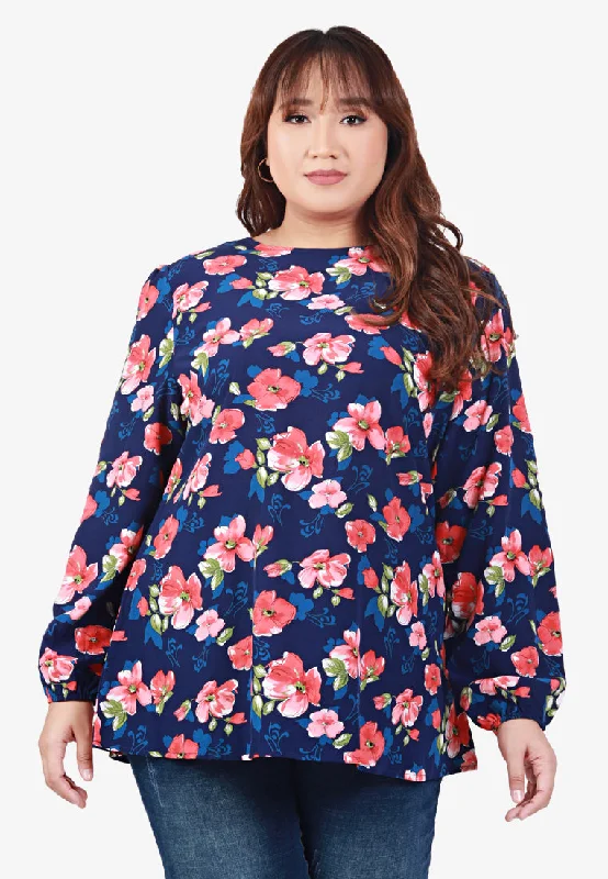 Priscilla Printed Puff Sleeve Blouse - Blue