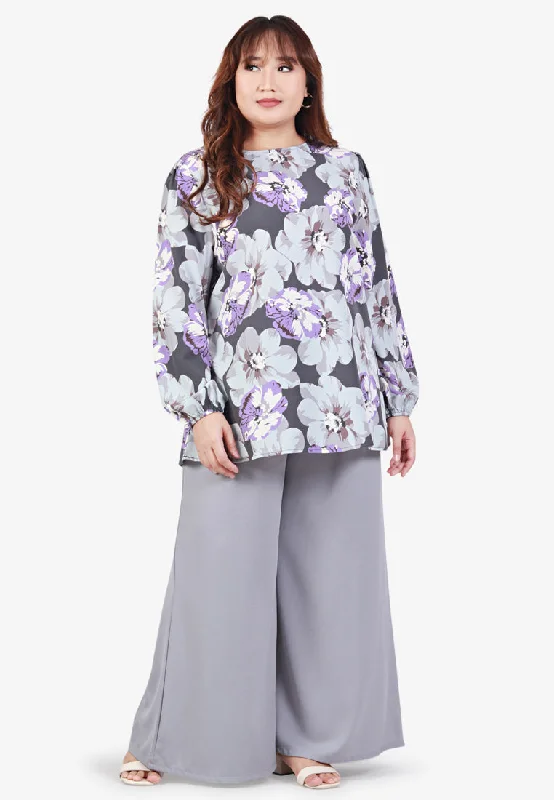 Priscilla Printed Puff Sleeve Blouse - Grey