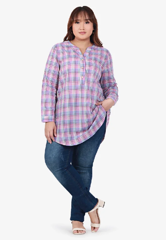 Cameron Stand Collar Checkered Blouse - Purple