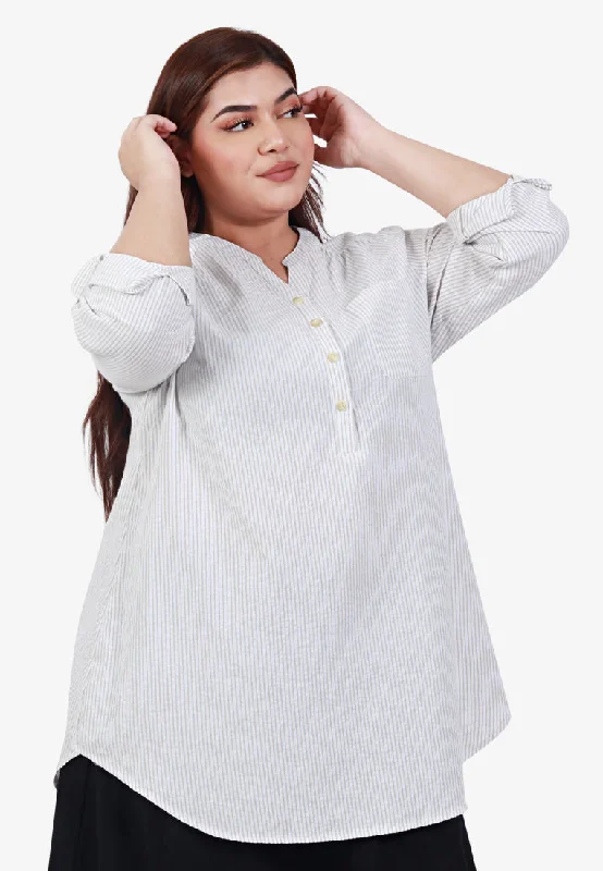 Sadine Stripes Stand Collar Blouse - Off White Beige