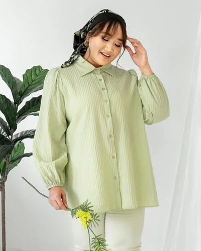 Sallie Puff Sleeve Striped Collar Shirt - Lime Green