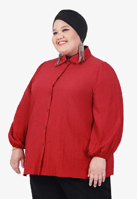 Sallie Puff Sleeve Striped Collar Shirt - Brick Red