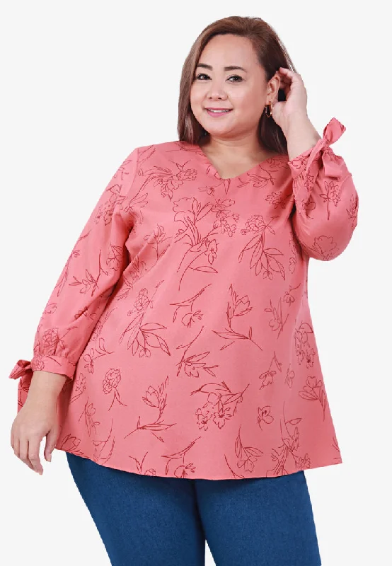 Croslea V-neck Ribbon Sleeve Blouse - Coral