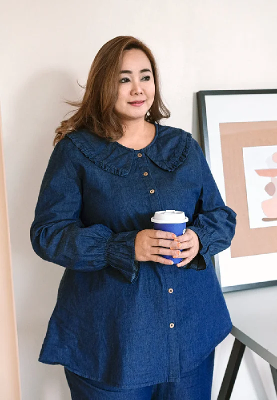 Dollee Big Collar Puff Sleeve Denim Blouse - Dark Blue