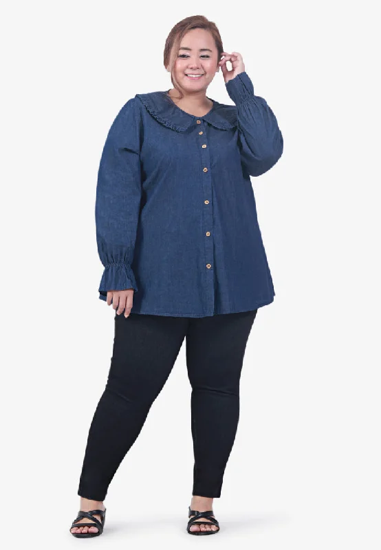 Dollee Big Collar Puff Sleeve Denim Blouse - Dark Blue