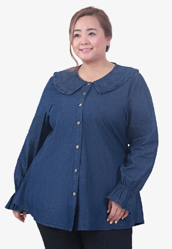 Dollee Big Collar Puff Sleeve Denim Blouse - Dark Blue