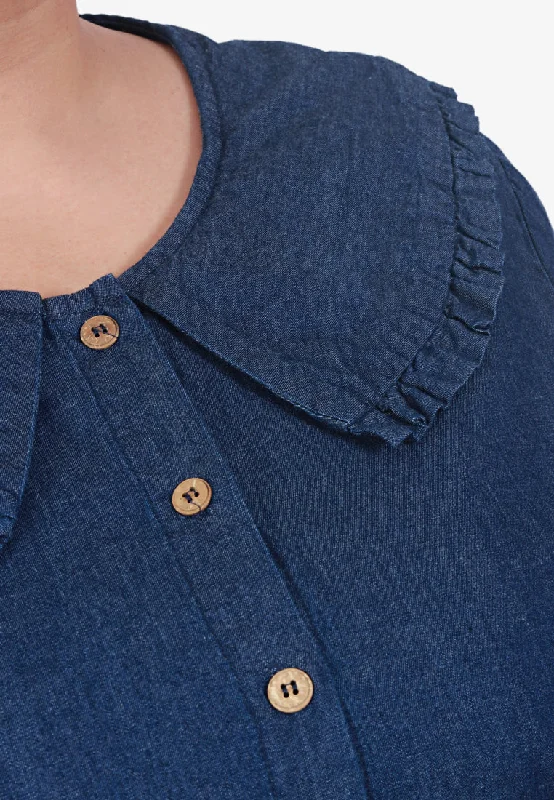 Dollee Big Collar Puff Sleeve Denim Blouse - Dark Blue