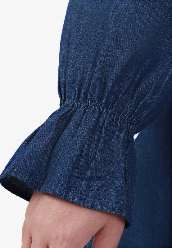 Dollee Big Collar Puff Sleeve Denim Blouse - Dark Blue