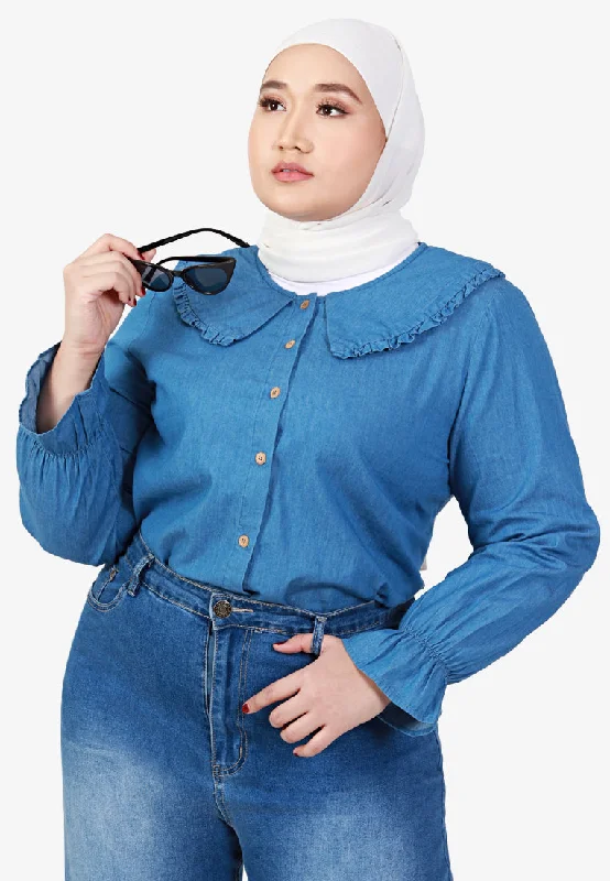 Dollee Big Collar Puff Sleeve Denim Blouse - Light Blue