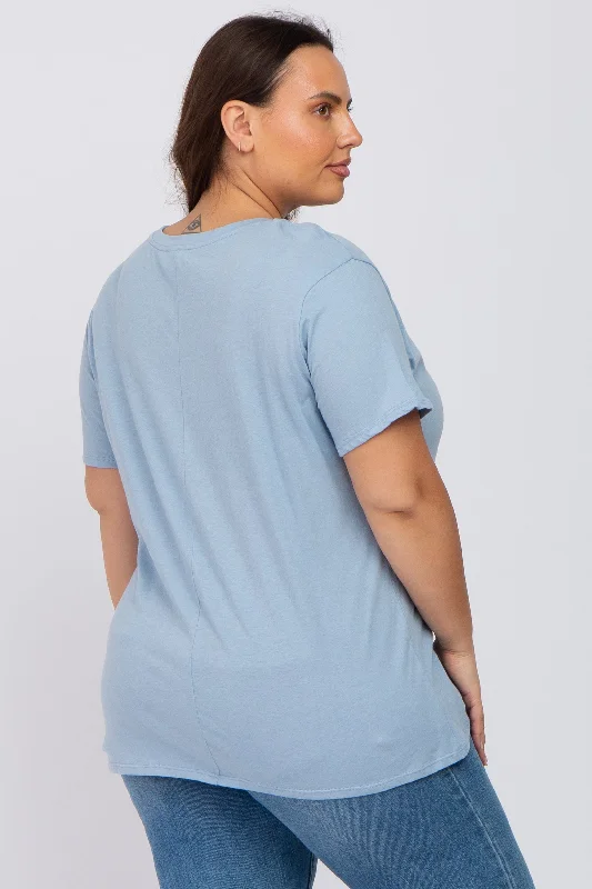 Blue Solid Short Sleeve Plus Top