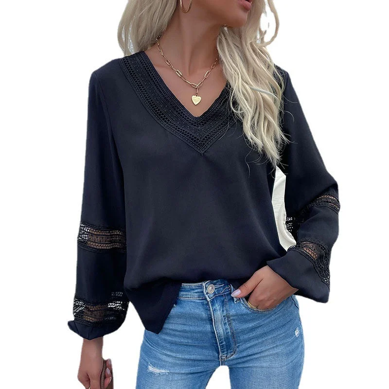 Casual designs fashionable long sleeve woman tops elegant blouses ladies office hollow out V neck plain plus sizes top blouse