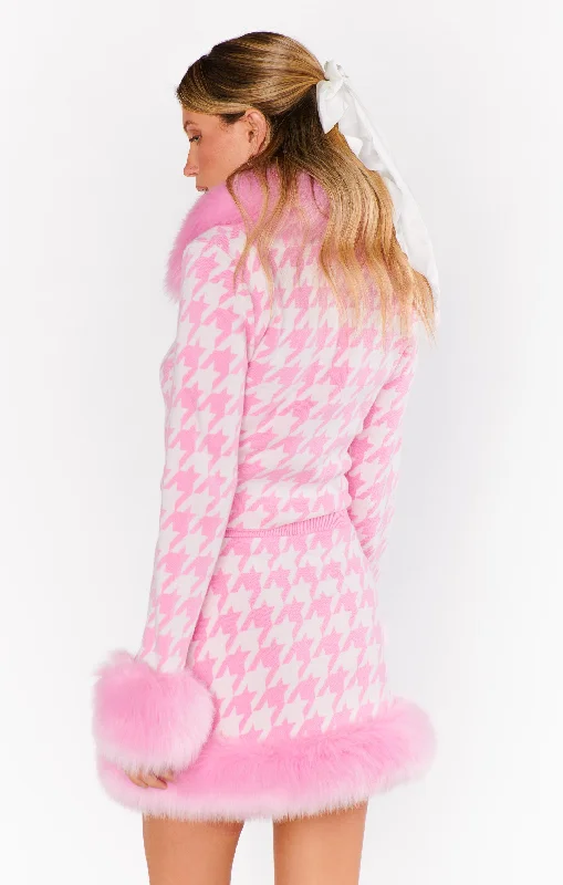 Fran Mini Skirt ~ Pink Houndstooth with Faux Fur