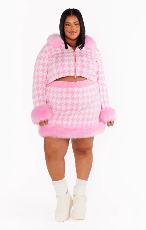 Fran Mini Skirt ~ Pink Houndstooth with Faux Fur