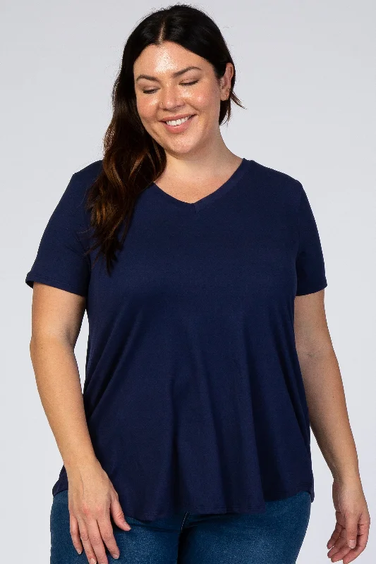 Navy Blue V-Neck Short Sleeve Plus Top