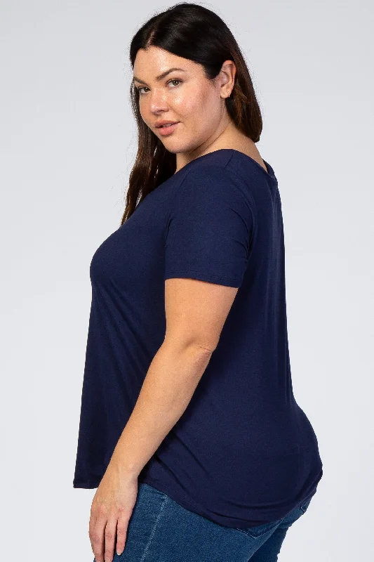 Navy Blue V-Neck Short Sleeve Plus Top