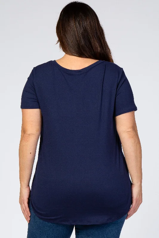 Navy Blue V-Neck Short Sleeve Plus Top