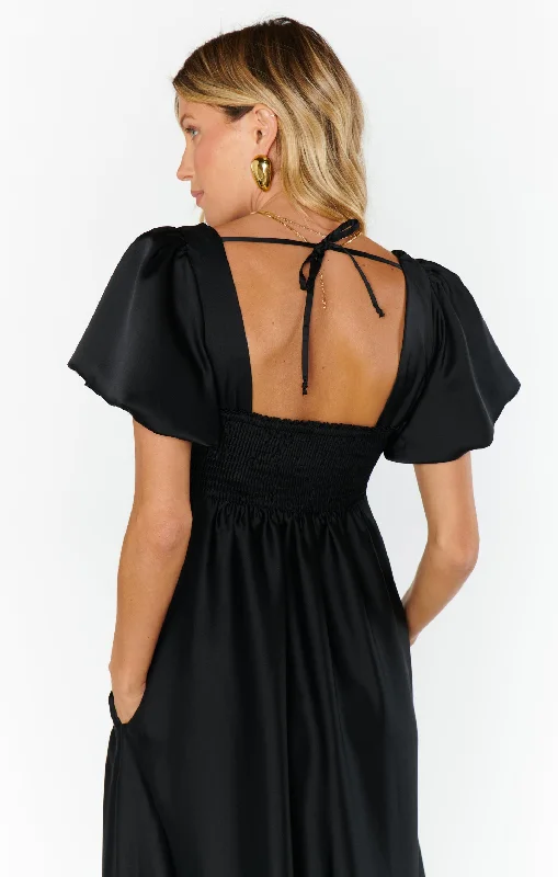 Nora Maxi Dress ~ Black Luxe Satin