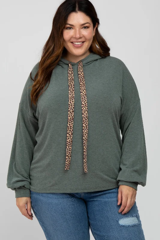 Olive Animal Print Drawstring Plus Hooded Top