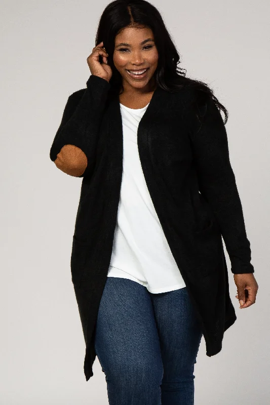 PinkBlush Black Solid Knit Elbow Patch Plus Cardigan