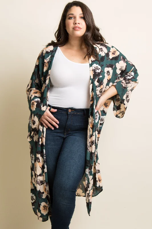 PinkBlush Green Floral Chiffon Long Plus Cover Up