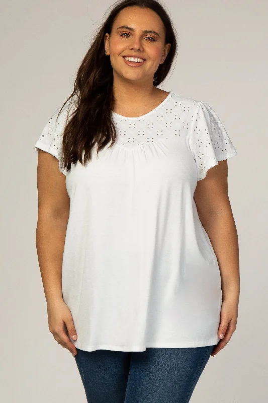 PinkBlush Ivory Eyelet Short Flutter Sleeve Plus Top