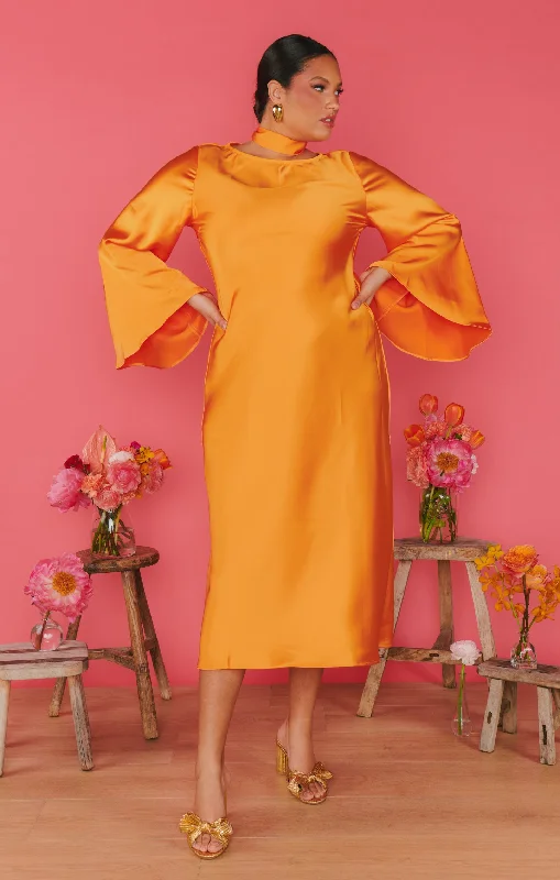 Sarah Midi Dress ~ Tangerine Fluid Satin