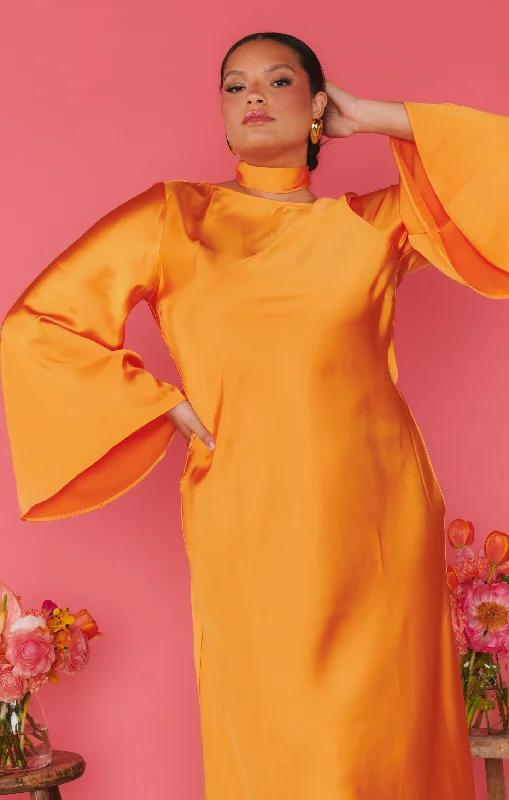 Sarah Midi Dress ~ Tangerine Fluid Satin