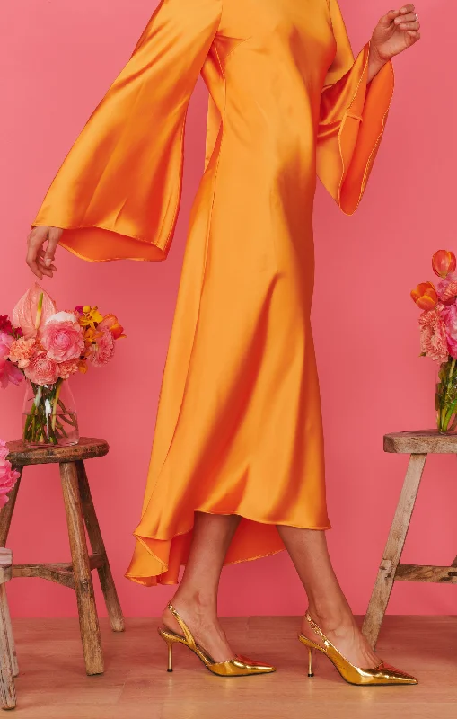 Sarah Midi Dress ~ Tangerine Fluid Satin