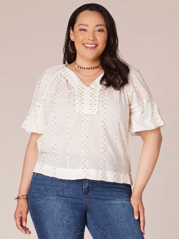 Short Banded Bubble Sleeve V-Neck Plus Size Woven Top with Embroidery