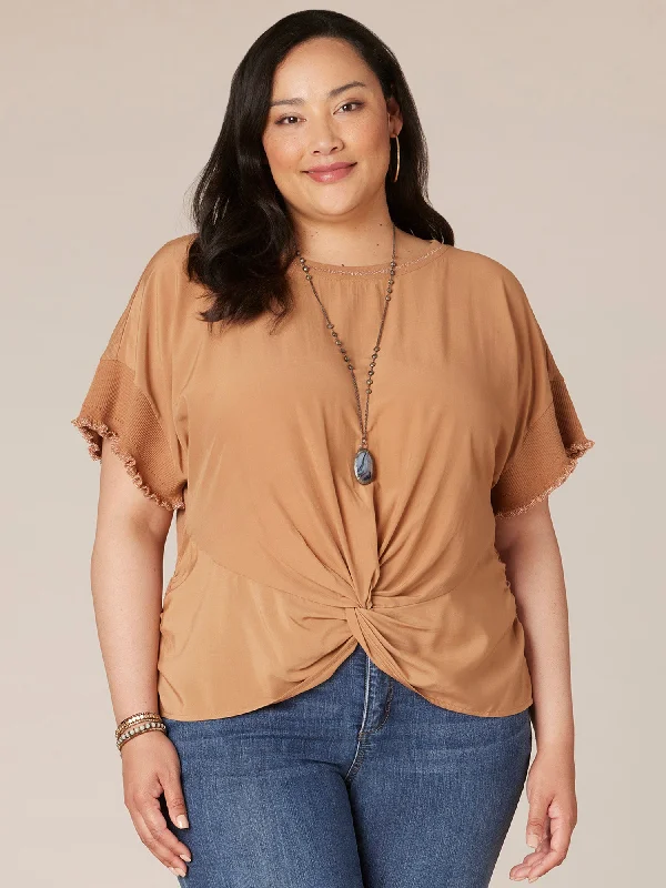 Short Ruffle Rib Edge Sleeve Round Neck Plus Size Woven Top