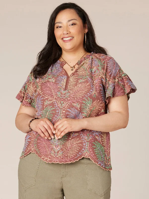 Short Ruffle Sleeve Round Split Neck Printed Plus Size Woven Top